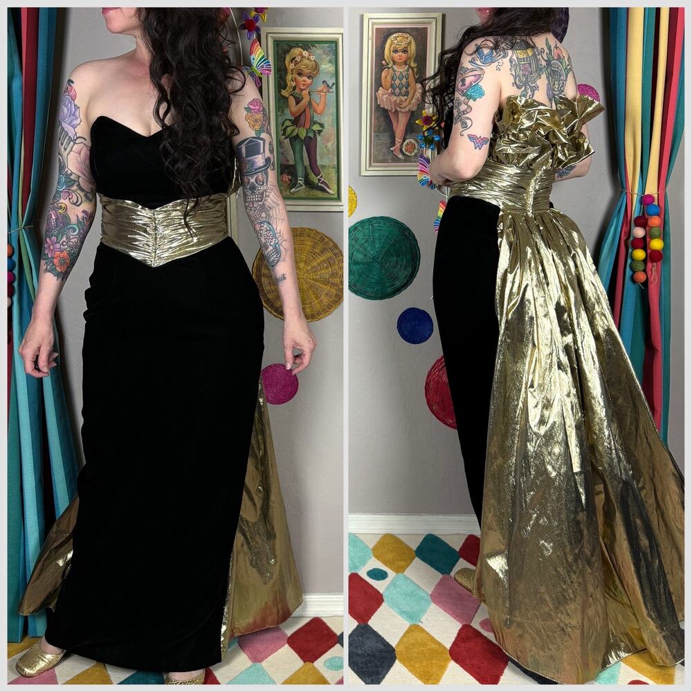 Vintage 1980s Strapless Black Velvet and Gold Lamé Evening Gown - Picture 4 of 8
